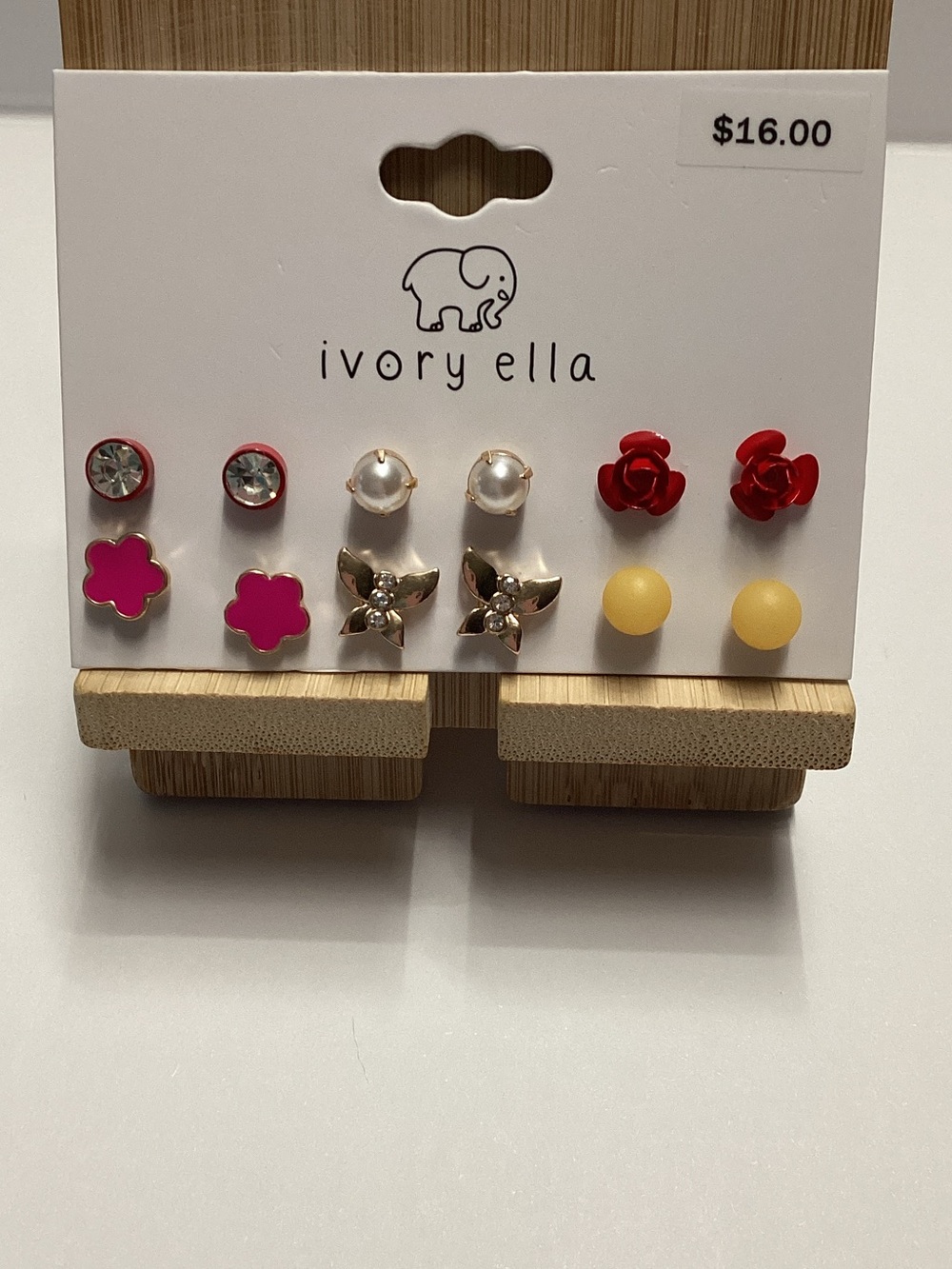 ivory ella Kids 5-Pair Stud Earring Set - Red, Pink, Pearl, Gold, Yellow